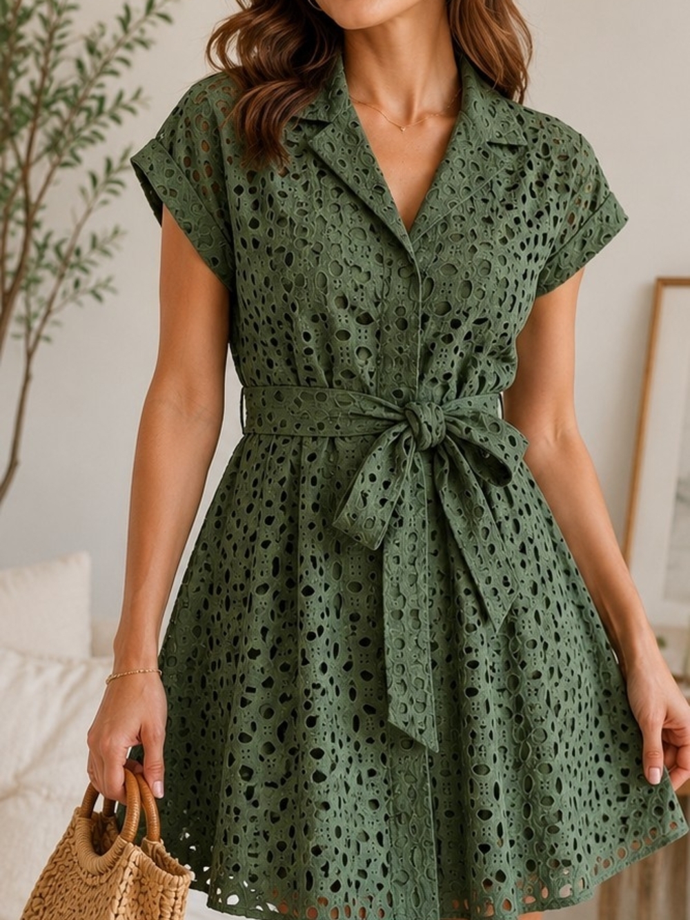 Olive Eyelet Belted Fit-and-Flare Mini Dress